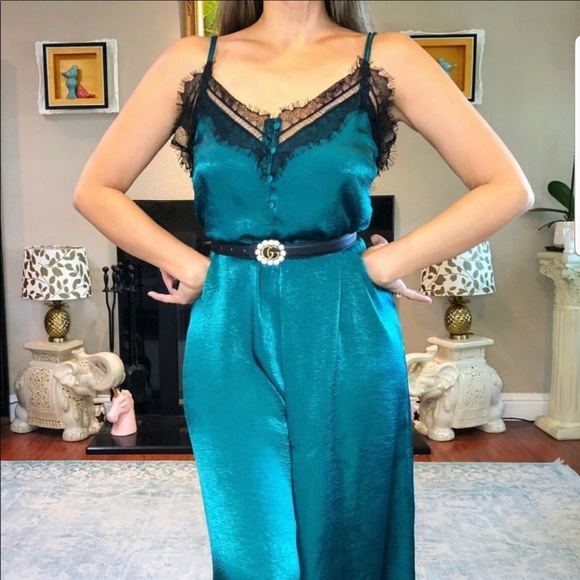 zara emerald green lace trim wide leg liquid jumpsuit ~~~ m to L main image 1